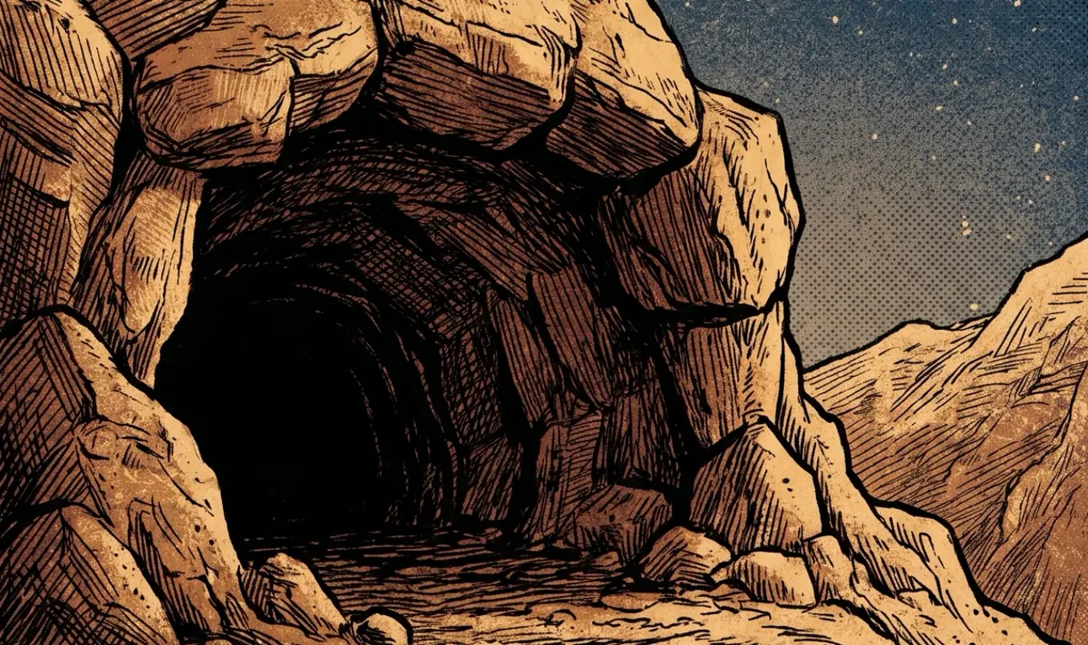 Engraving of the Cave of Thawr at night under a starry sky, in the Sirah Quest desert-expedition style