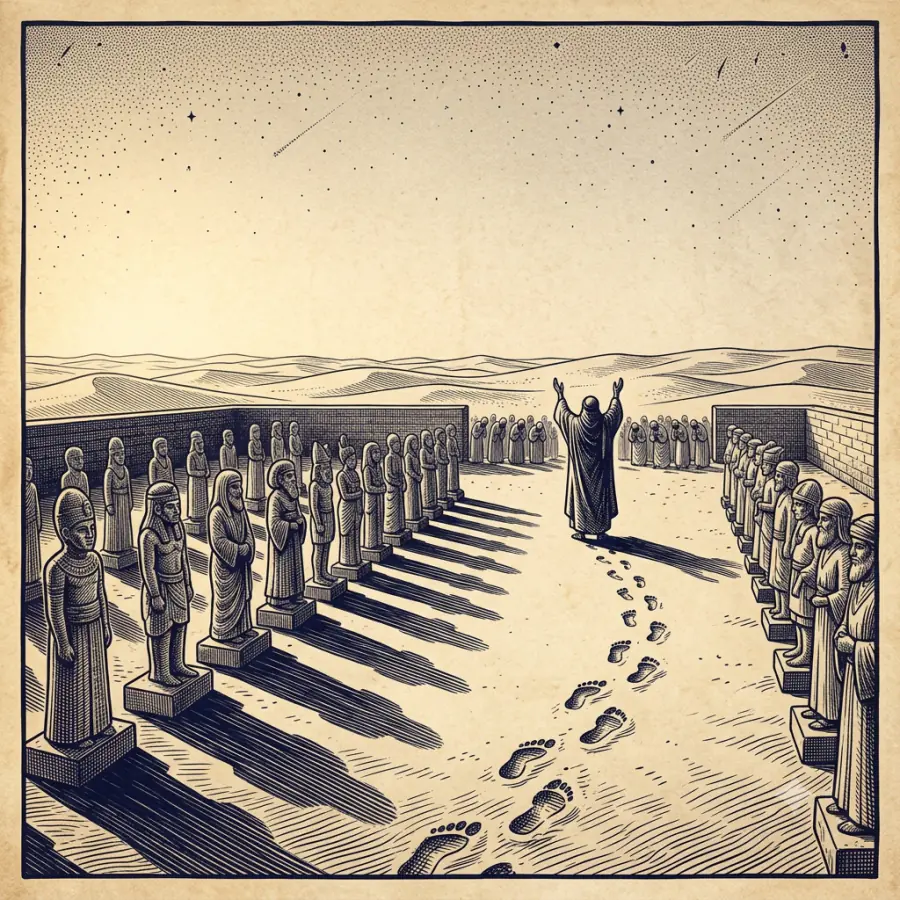 صفوف من الأصنام عند الغسق ورجلٌ موحّد يُعرض عنها، رمزٌ للحنفاء الذين رفضوا عبادة الأصنام.