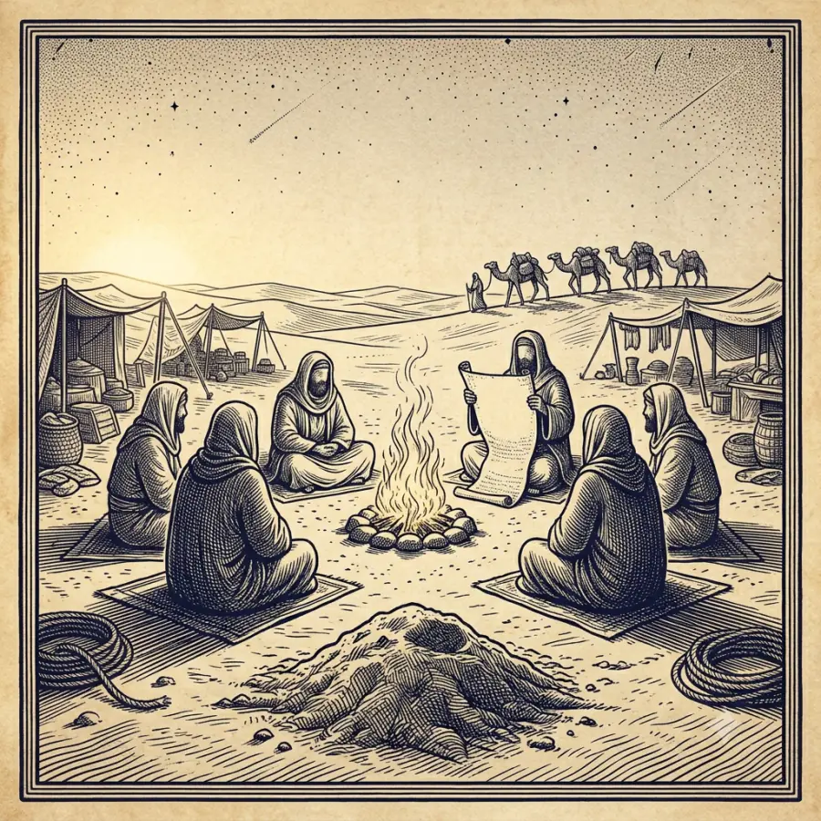 مجلسٌ في الصحراء حول شاعرٍ ونار، وقافلةٌ في الأفق — الثقافة التي جاءت الرسالة لإصلاحها.