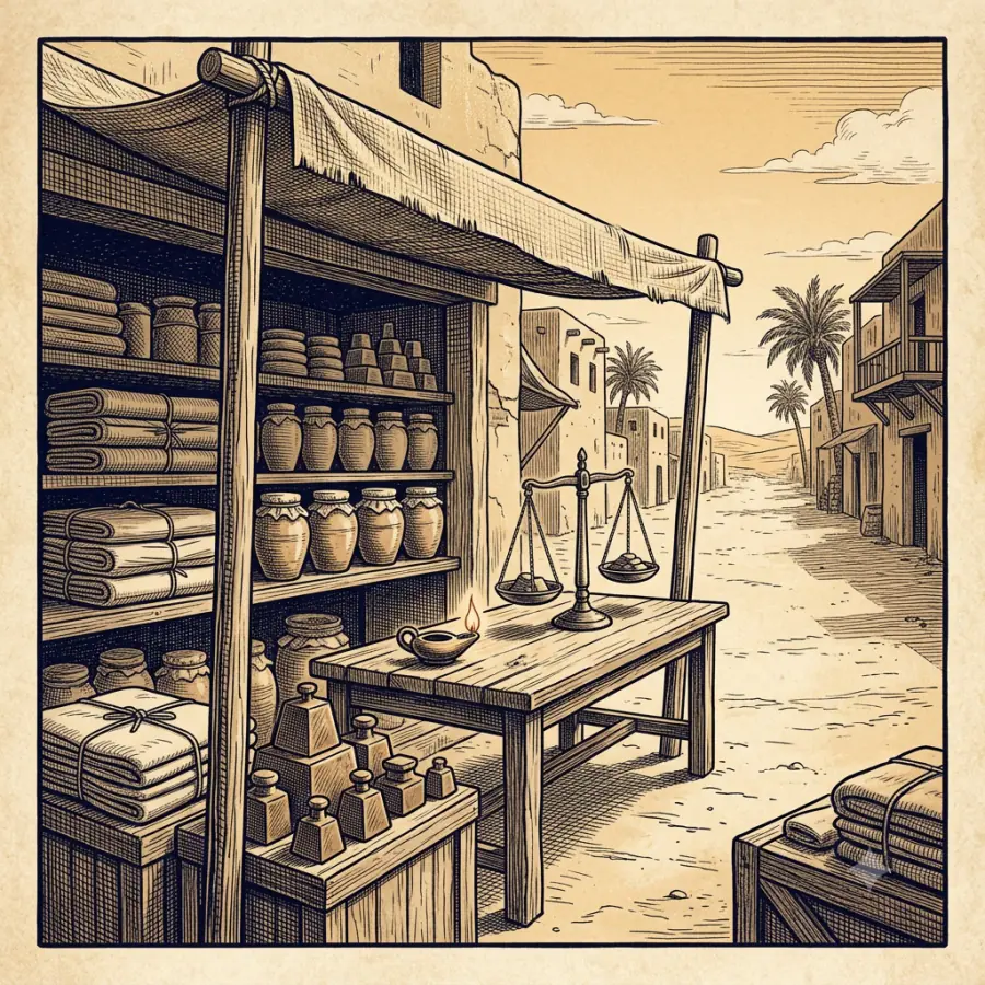Engraving illustration titled Al-Amin, the trustworthy — one of the original hand-drawn lesson illustrations students see inside a Sirah Quest lesson