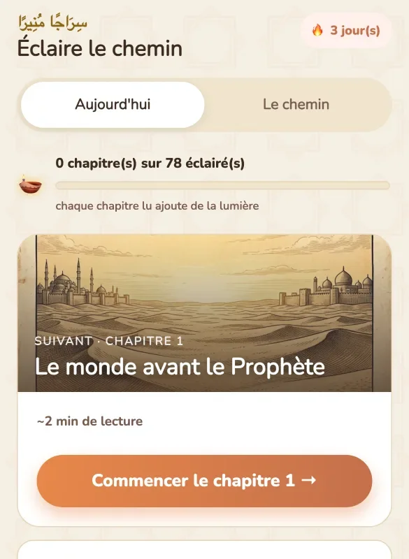 L’écran Parcours de Sirah Quest : une barre de progression, une carte « À suivre · Chapitre 1 » et un bouton Commencer le chapitre 1.