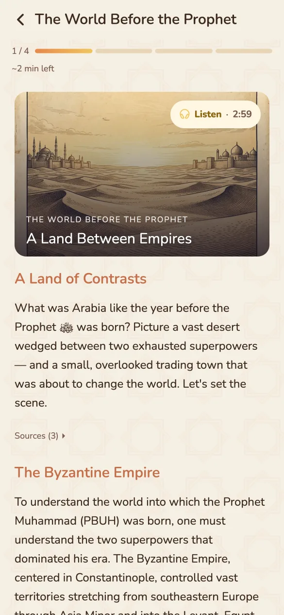 A Sirah Quest lesson on screen: the chapter “The World Before the Prophet”, a Listen button, and a “Sources (3)” row beneath the opening section.